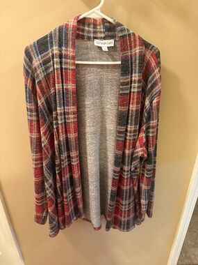 Southern Lady Red and Blue Plaid Open-Front Cardigan